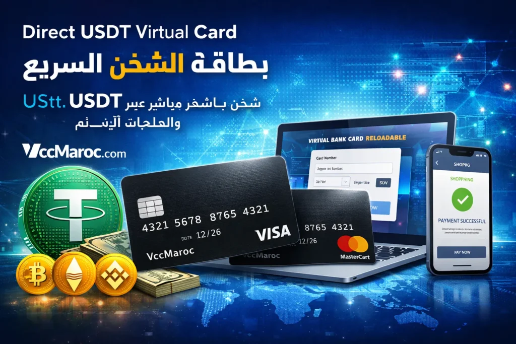 بطاقة افتراضية قابلة للشحن عبر USDT من VccMaroc للدفع الآمن على الإنترنت باستخدام Visa وMastercard